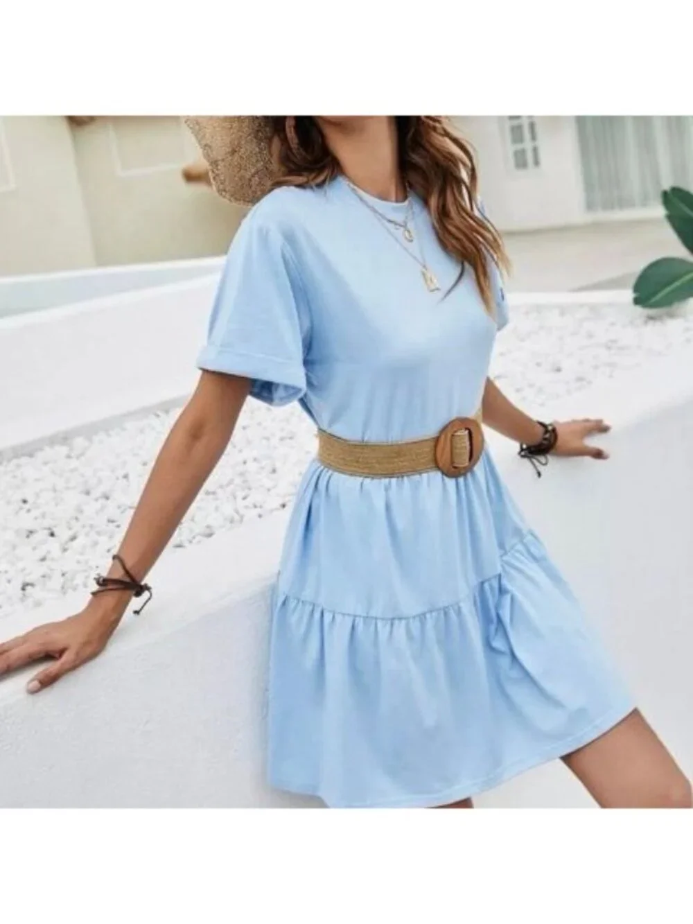 SHEIN Light Blue Rolled Cuff Short Sleeve Tiered Babydoll Mini Dress Size Small